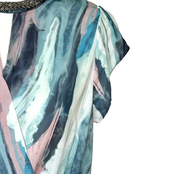 Mossimo Target Pastel Blue Pink Gray Faux Wrap Beaded Neck  Blouse - Picture 3 of 9